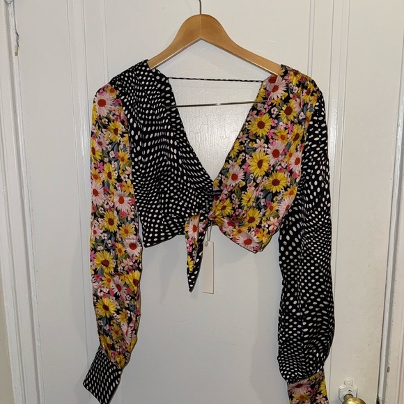 NWT - For Love & Lemons Floral and Polka Dot Tie-front Top - Picture 4 of 5
